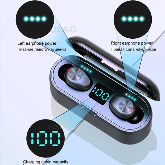Auriculares Inalámbricos F9 TWS con Powerbank – Bluetooth, Estuche de Carga y Micrófono Integrado