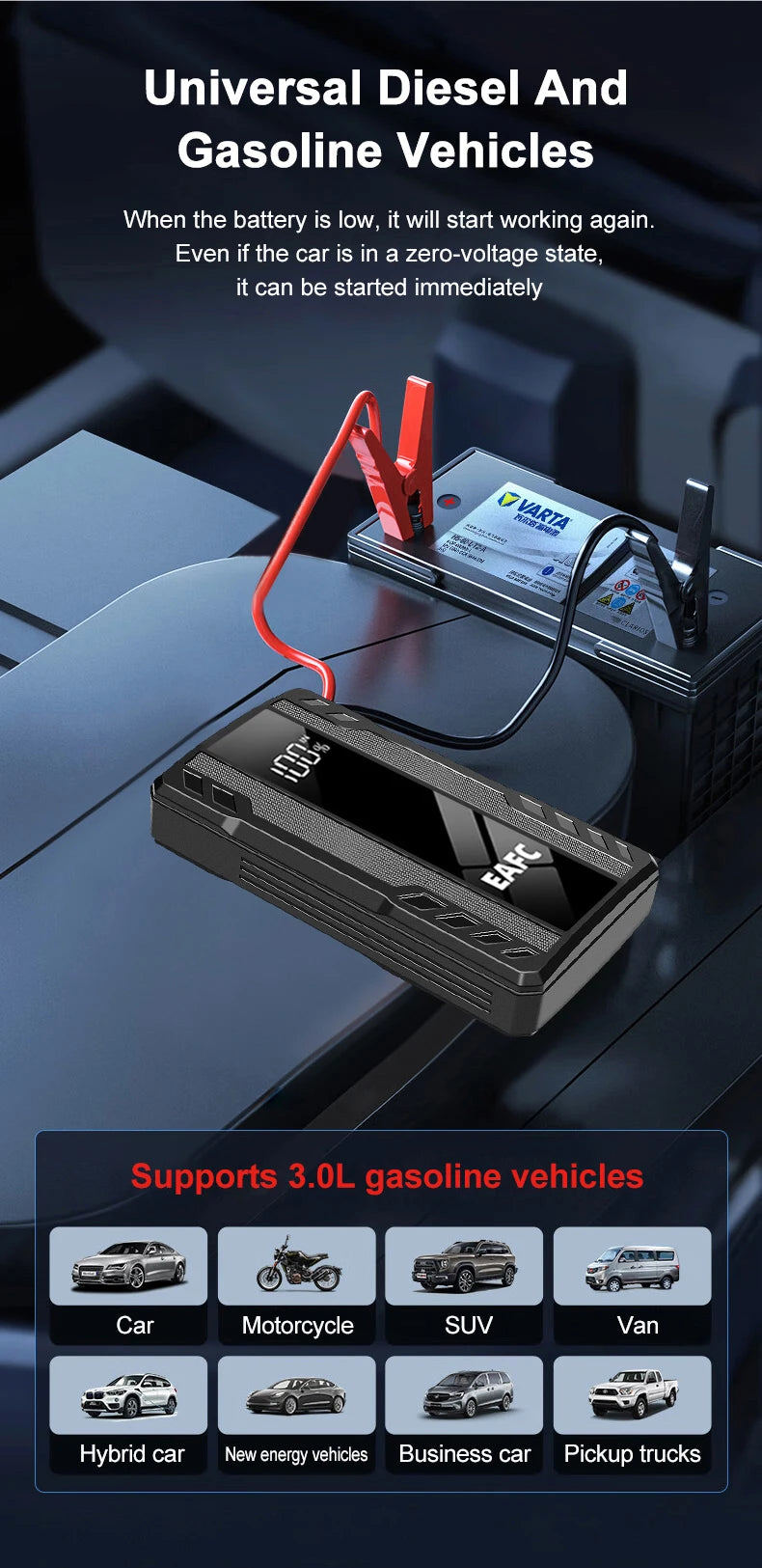 Arrancador de Coches EAFC 1000A – Cargador de Batería de Emergencia y Power Bank con Luz para Vehículos de 12V