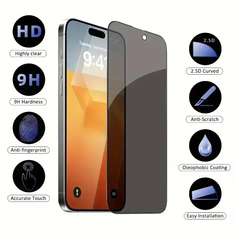 ack de 5 Protectores de Pantalla Privacidad 8K – Cristal Anti-Espía de Cobertura Total para iPhone 11, 12, 13, 14, 15, 16, Pro, Pro Max, Mini, XR, X, XS Max