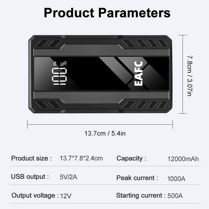 Arrancador de Coches EAFC 1000A – Cargador de Batería de Emergencia y Power Bank con Luz para Vehículos de 12V