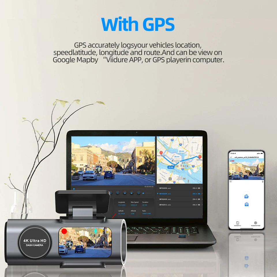 Cámara Dash Cam 4K UHD – Grabación Ultra HD, Visión Nocturna, Wi-Fi Integrado, GPS y Monitoreo 24H de Aparcamiento