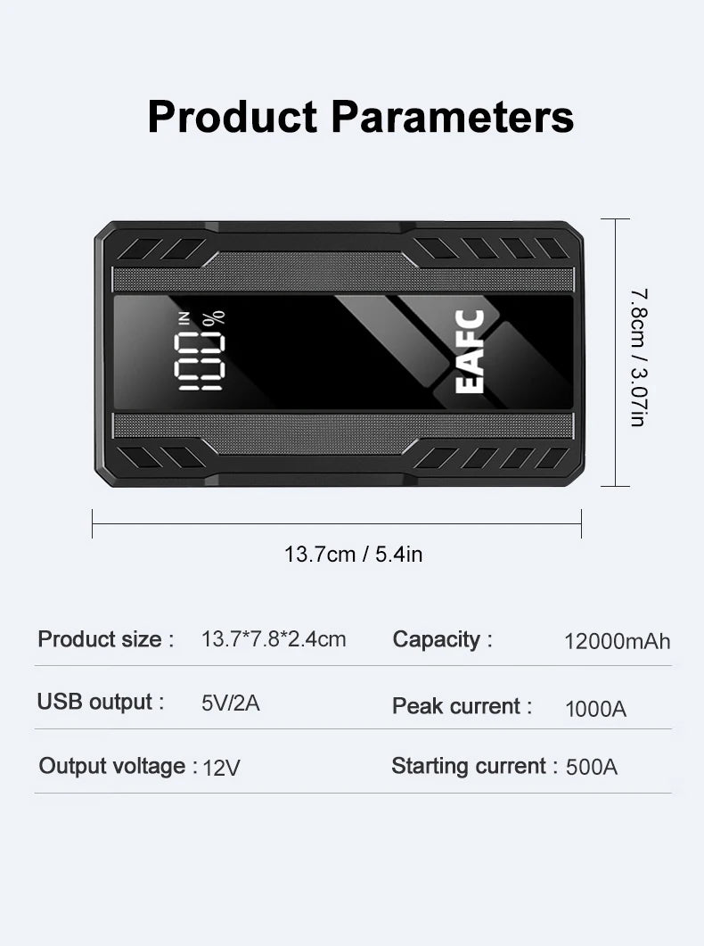 Arrancador de Coches EAFC 1000A – Cargador de Batería de Emergencia y Power Bank con Luz para Vehículos de 12V