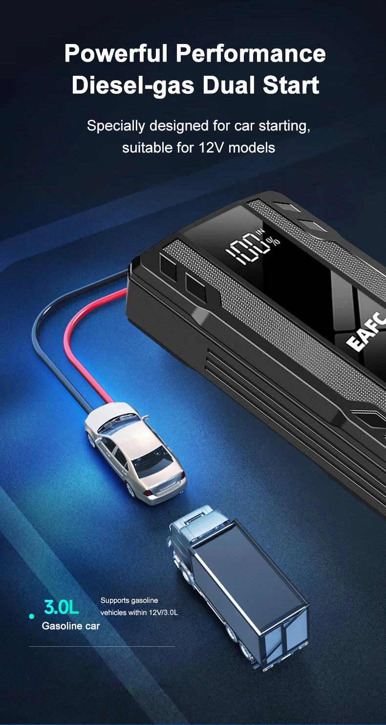Arrancador de Coches EAFC 1000A – Cargador de Batería de Emergencia y Power Bank con Luz para Vehículos de 12V